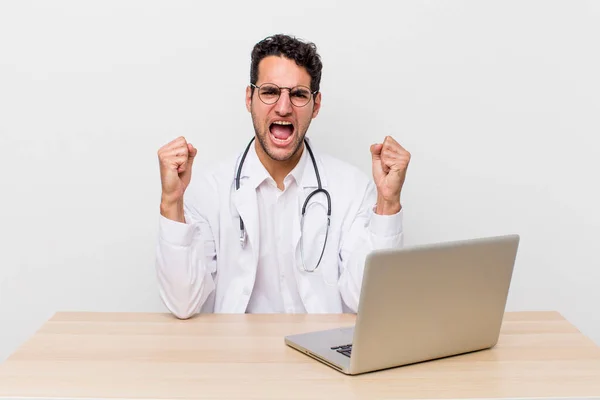 Hispanic Handsome Man Shouting Aggressively Angry Expression Physician Concept — Stock Photo, Image