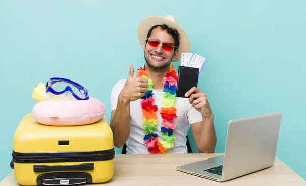 Hispanic Handsome Man Feeling Proud Smiling Positively Thumbs Travel Tourism — Stock Photo, Image