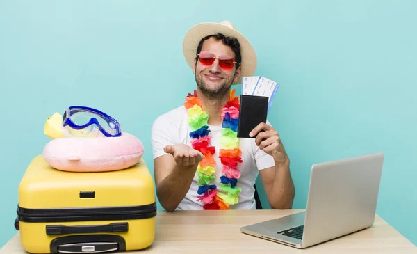 Hispanic Handsome Man Smiling Happily Friendly Offering Showing Concept Travel — Stock Photo, Image