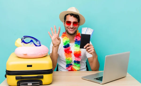 Hispanic Handsome Man Smiling Looking Friendly Showing Number Four Travel — Stock Photo, Image