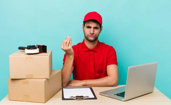 Hombre Guapo Hispano Haciendo Capice Gesto Dinero Diciéndote Que Pagues —  Fotos de Stock