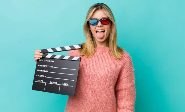 Pretty Blonde Woman Cheerful Rebellious Attitude Joking Sticking Tongue Out — Stock Photo, Image