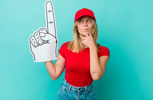 Pretty Blonde Woman Thinking Feeling Doubtful Confused Number One Fan — Stock Photo, Image