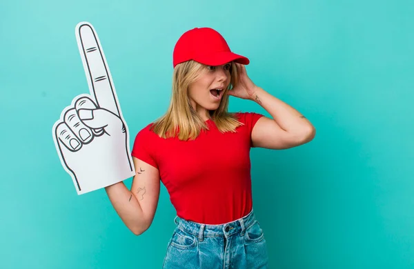 Pretty Blonde Woman Feeling Happy Excited Surprised Number One Fan — Stock Photo, Image