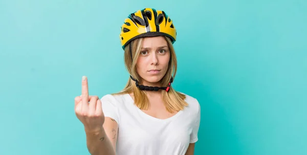 Pretty Blonde Woman Feeling Angry Annoyed Rebellious Aggressive Bike Concept — Stock Photo, Image