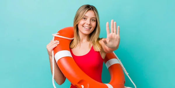 Pretty Blonde Woman Smiling Looking Friendly Showing Number Five Lifeguard — Stock Photo, Image