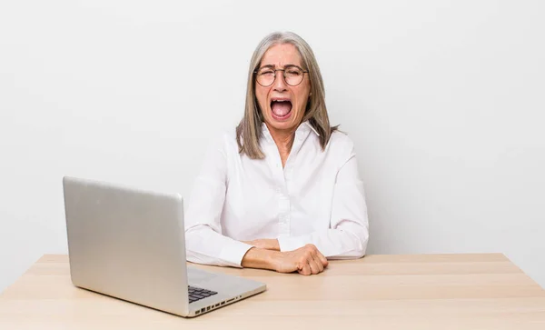 Starsza Siwa Kobieta Krzyczy Agresywnie Wyglądając Bardzo Wściekłą Recepcja Koncepcja — Zdjęcie stockowe