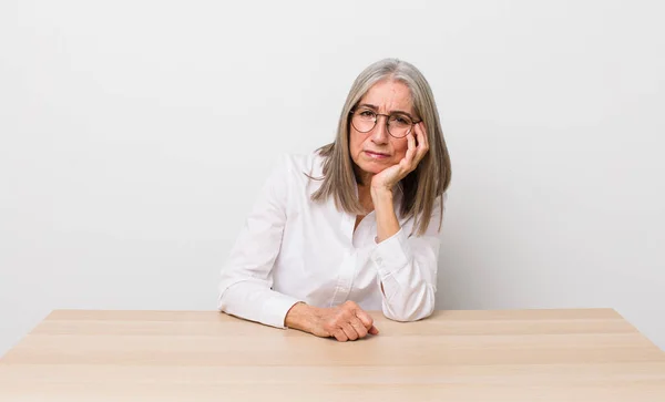 Senior Gray Hair Woman Feeling Bored Frustrated Sleepy Tiresome Desk — Stock Photo, Image