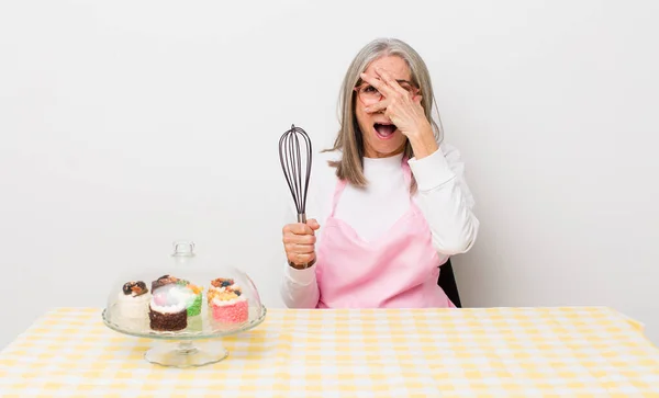 Senior Gray Hair Woman Looking Shocked Scared Terrified Covering Face — Stock Photo, Image