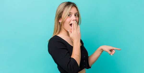 Young Pretty Blonde Woman Feeling Happy Shocked Surprised Covering Mouth — ストック写真