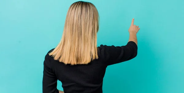 Young Pretty Blonde Woman Standing Pointing Object Copy Space Rear — Stock Photo, Image