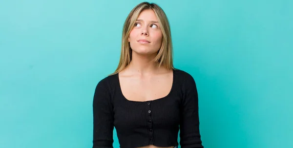 Young Pretty Blonde Woman Worried Confused Clueless Expression Looking Copy — Stock Photo, Image