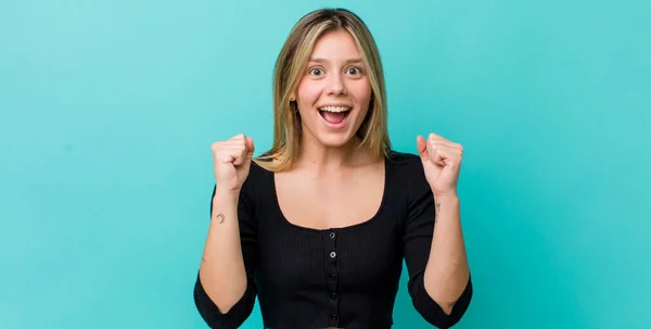 Young Pretty Blonde Woman Feeling Shocked Excited Happy Laughing Celebrating — Stock Photo, Image