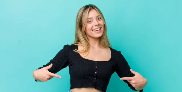 Young Pretty Blonde Woman Looking Proud Arrogant Happy Surprised Satisfied — Stock Photo, Image