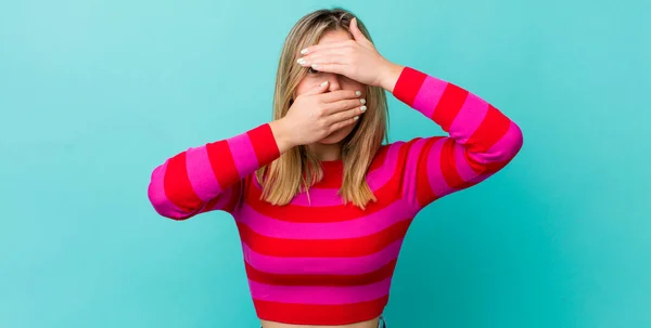 Young Pretty Blonde Woman Covering Face Both Hands Saying Camera — Stock Photo, Image