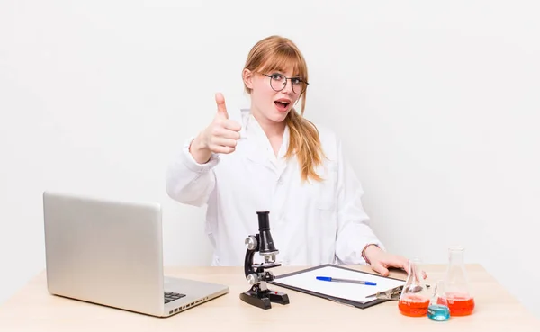 Red Head Pretty Woman Feeling Proud Smiling Positively Thumbs Sciencist — Stock Photo, Image