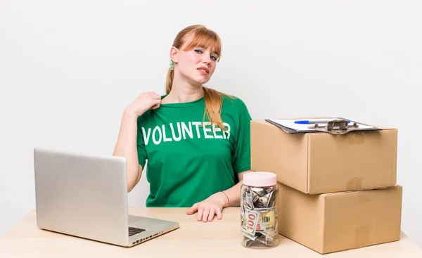 Red Head Pretty Woman Feeling Stressed Anxious Tired Frustrated Donation — Stock Photo, Image