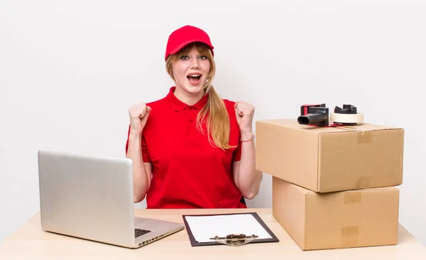 Red Head Pretty Woman Feeling Shocked Laughing Celebrating Success Employee —  Fotos de Stock