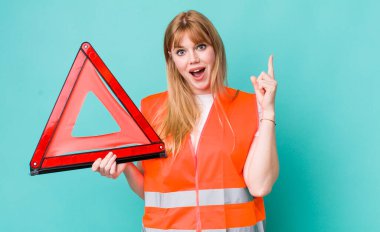 red head pretty woman feeling like a happy and excited genius after realizing an idea. car emergency triangle clipart