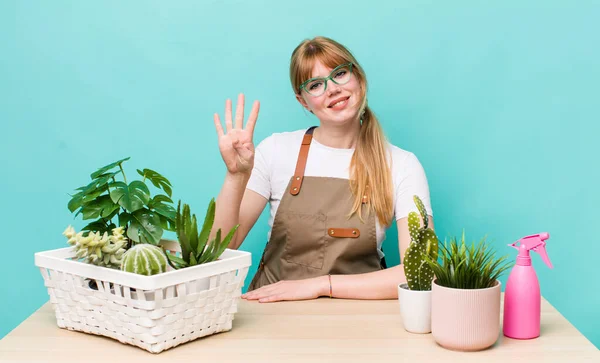 Red Head Pretty Woman Smiling Looking Friendly Showing Number Four — Foto de Stock