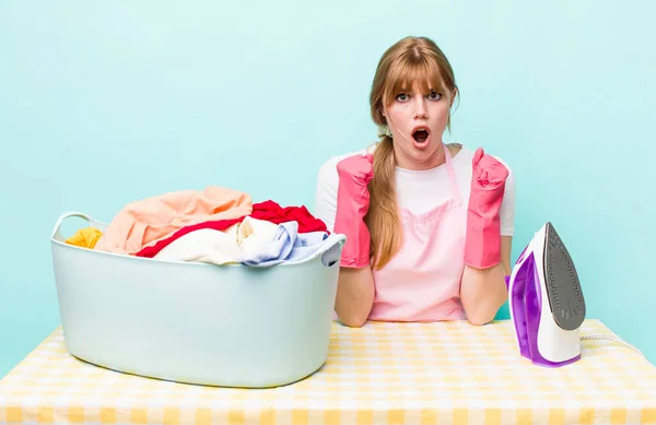 Red Head Pretty Woman Shouting Aggressively Angry Expression Iron Clothes — Foto de Stock