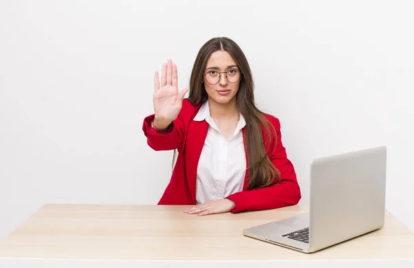 Hispanic Pretty Woman Looking Serious Showing Open Palm Making Stop — Stock Photo, Image