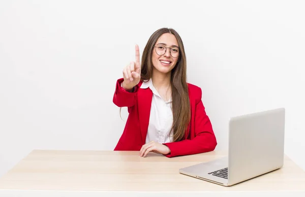 Hispanic Pretty Woman Smiling Proudly Confidently Making Number One Business — Stock Photo, Image
