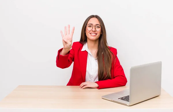 Hispanic Pretty Woman Smiling Looking Friendly Showing Number Four Business — Stock Photo, Image