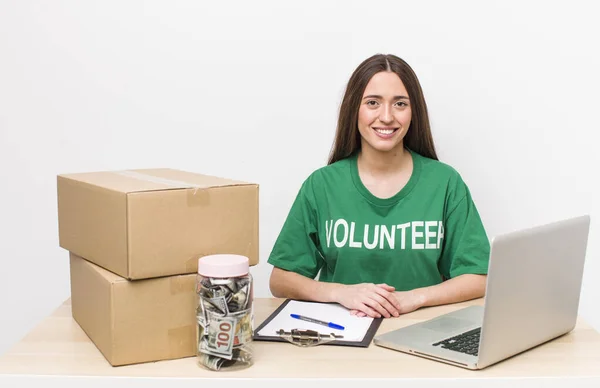 Hispanic Pretty Woman Smiling Happily Hand Hip Confident Donations Volunteer —  Fotos de Stock