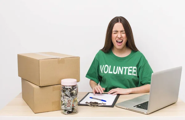 Hispanic Pretty Woman Shouting Aggressively Looking Very Angry Donations Volunteer — Photo