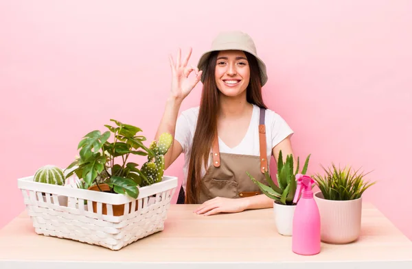 Hispanic Pretty Woman Feeling Happy Showing Approval Okay Gesture Plants — Stock Photo, Image