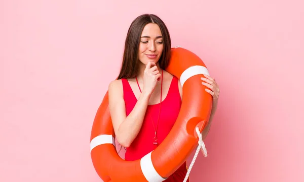 Hispanic Pretty Woman Smiling Happy Confident Expression Hand Chin Lifeguard — Stock Photo, Image