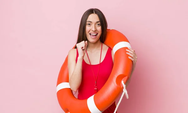 Hispanic Pretty Woman Feeling Shocked Laughing Celebrating Success Lifeguard Concept — Stock Photo, Image