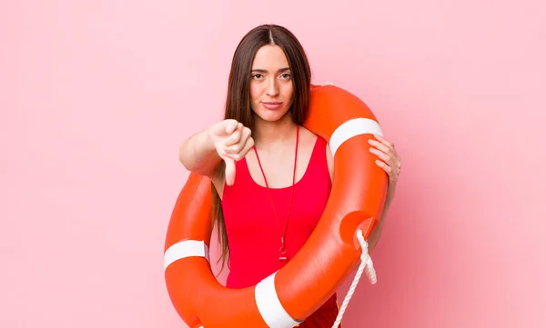 Hispanic Pretty Woman Feeling Cross Showing Thumbs Lifeguard Concept — Stock Photo, Image