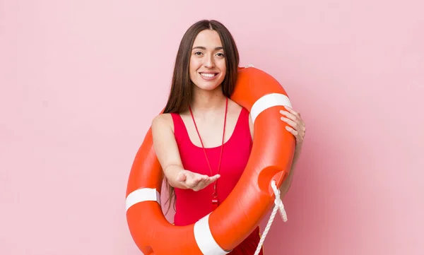 Hispanic Pretty Woman Smiling Happily Friendly Offering Showing Concept Lifeguard — Stock Photo, Image