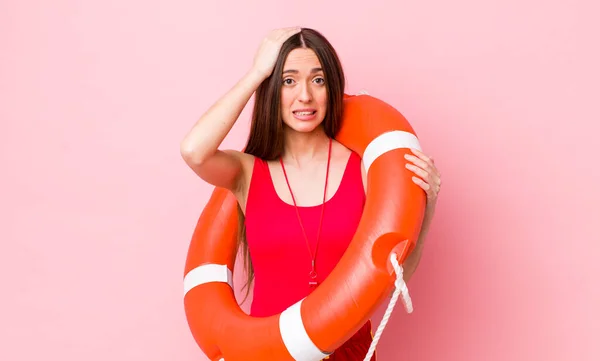 Hispanic Pretty Woman Feeling Stressed Anxious Scared Hands Head Lifeguard — Stock Photo, Image