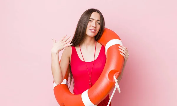 Hispanic Pretty Woman Feeling Stressed Anxious Tired Frustrated Lifeguard Concept — Stock Photo, Image