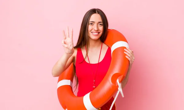 Hispanic Pretty Woman Smiling Looking Friendly Showing Number Three Lifeguard — Stock Photo, Image