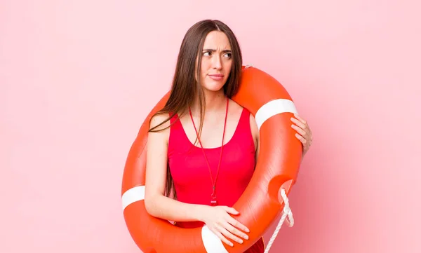 Hispanic Pretty Woman Feeling Sad Upset Angry Looking Side Lifeguard — Stock Photo, Image