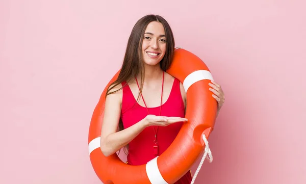 Hispanic Pretty Woman Smiling Cheerfully Feeling Happy Showing Concept Lifeguard — Stock Photo, Image