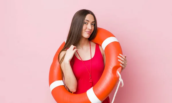 Hispanic Pretty Woman Looking Arrogant Successful Positive Proud Lifeguard Concept — Stock Photo, Image