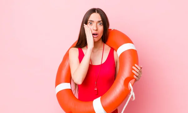 Hispanic Pretty Woman Feeling Shocked Scared Lifeguard Concept — Stock Photo, Image