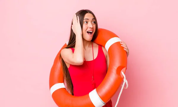 Hispanic Pretty Woman Feeling Happy Excited Surprised Lifeguard Concept — Stock Photo, Image