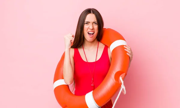 Hispanic Pretty Woman Shouting Aggressively Angry Expression Lifeguard Concept — Stock Photo, Image