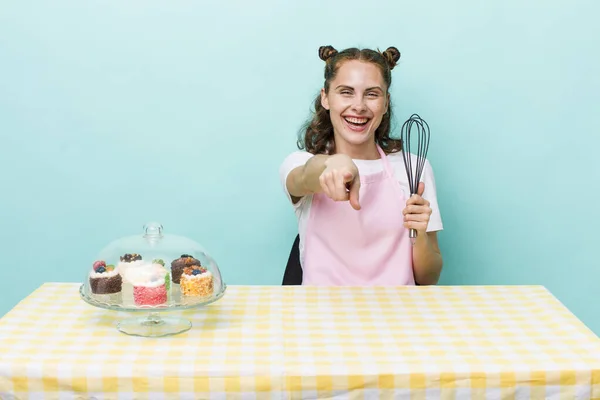 Young Pretty Woman Pointing Camera Choosing You Home Made Cakes — Stock Fotó