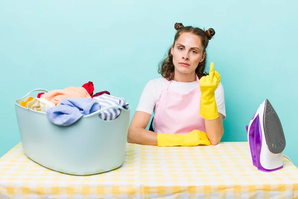Young Pretty Woman Feeling Angry Annoyed Rebellious Aggressive House Work — Stock Photo, Image