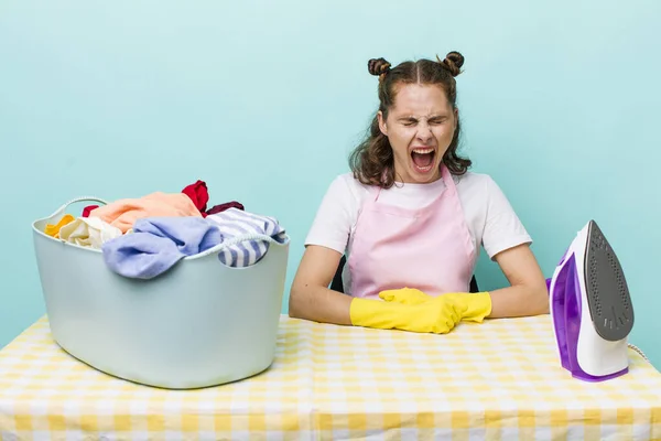 Young Pretty Woman Shouting Aggressively Looking Very Angry House Work — Stok fotoğraf