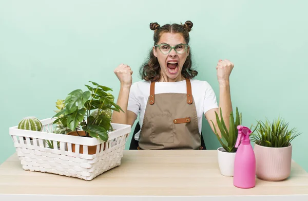 Young Pretty Woman Shouting Aggressively Angry Expression Gardering Plants Concept — Foto de Stock