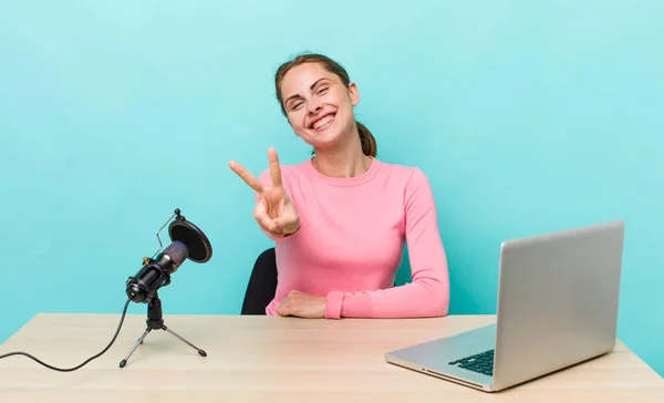 Young Pretty Woman Smiling Looking Happy Gesturing Victory Peace Influencer — Φωτογραφία Αρχείου