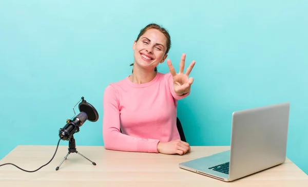 Young Pretty Woman Smiling Looking Friendly Showing Number Three Influencer — Φωτογραφία Αρχείου